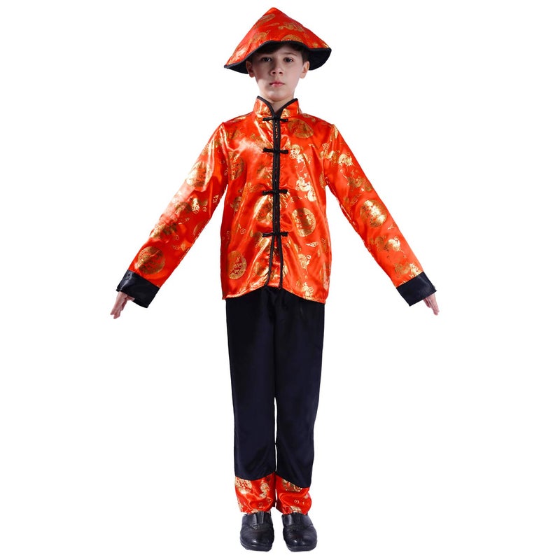 PGOND Boys Red Traditional Chinese Dragon Kung Fu Costume With Hat (L) - Image 3